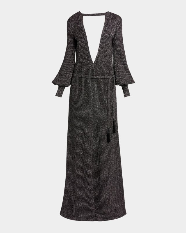 Plunging Vanise Metallic Rib Backless Maxi Dress